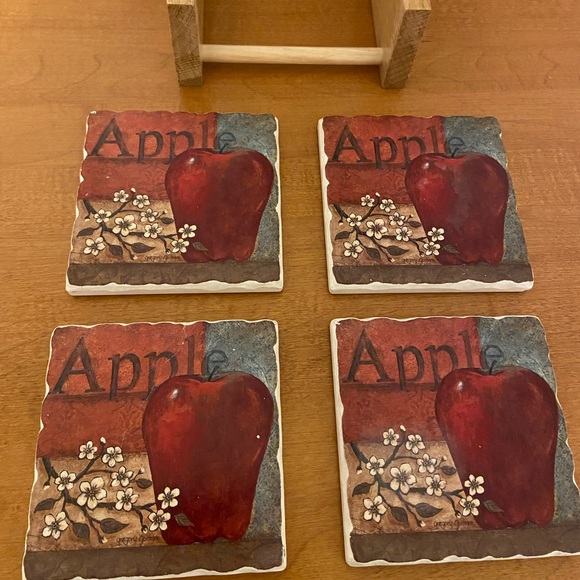 Set of 4 Ceramic Apple Coasters with Wooden Holder - Picture 5 of 8